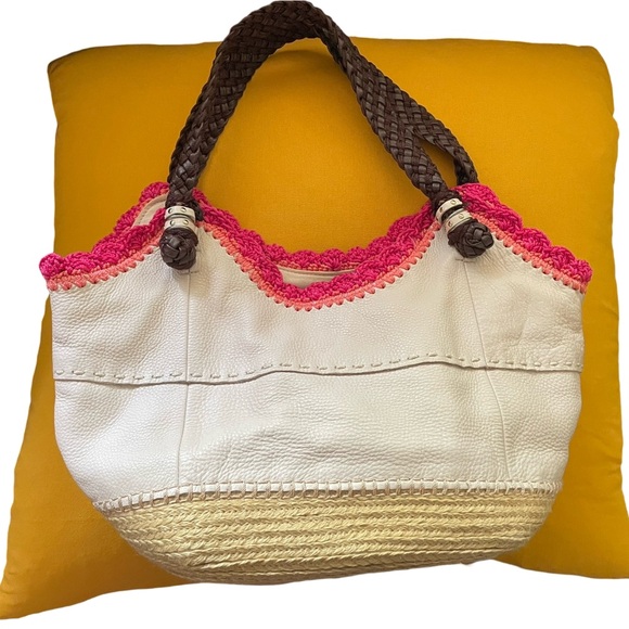 The Sak Sierra Leather Bag Purse Off White Pink Crochet Woven Trim Shopper Stone - Picture 10 of 11